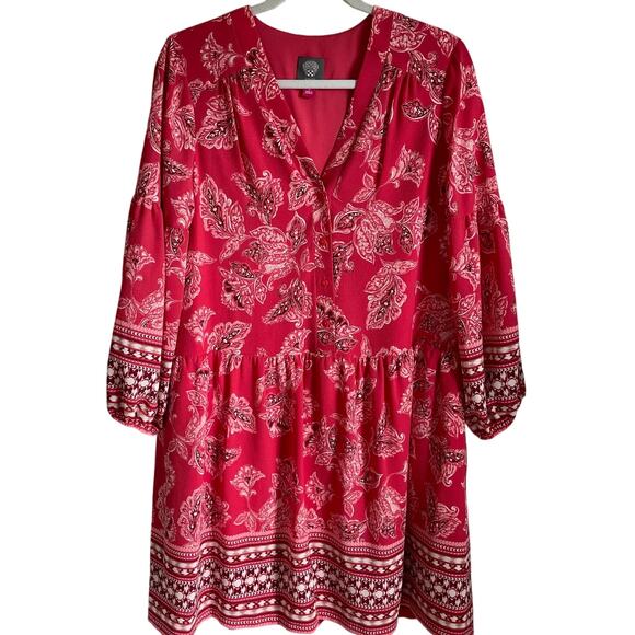Vince Camuto Dress Pebble Crepe Size 8 Pockets Lined V-Neck 3/4 Sleeve Red Pink - Picture 1 of 10